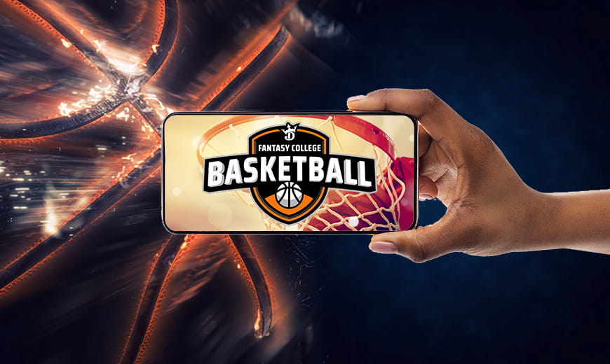 Hand holding a cell phone with the DraftKings college basketball logo