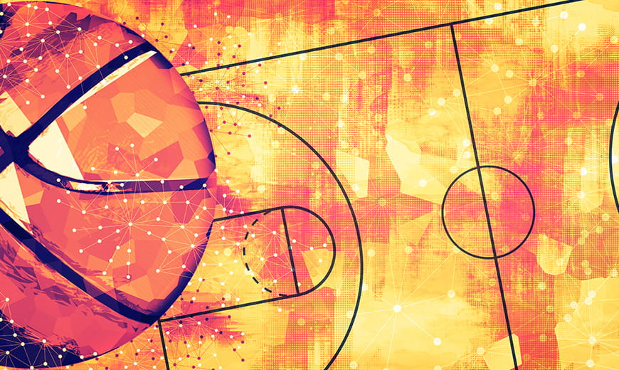 Stylized basketball over a b-ball court