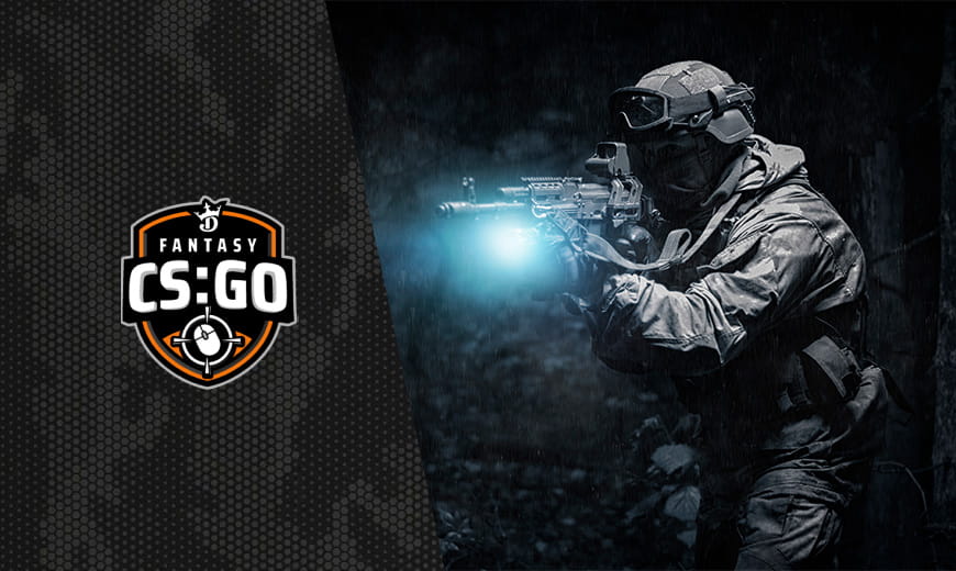 Fantasy CSGO DraftKings logo and soldier holding gun at night