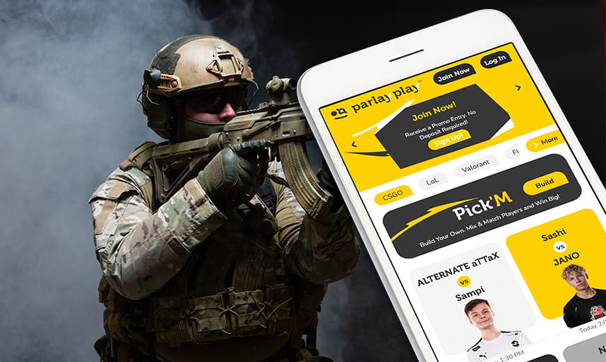 Phone with ParlayPlay platform on screen and soldier holding gun