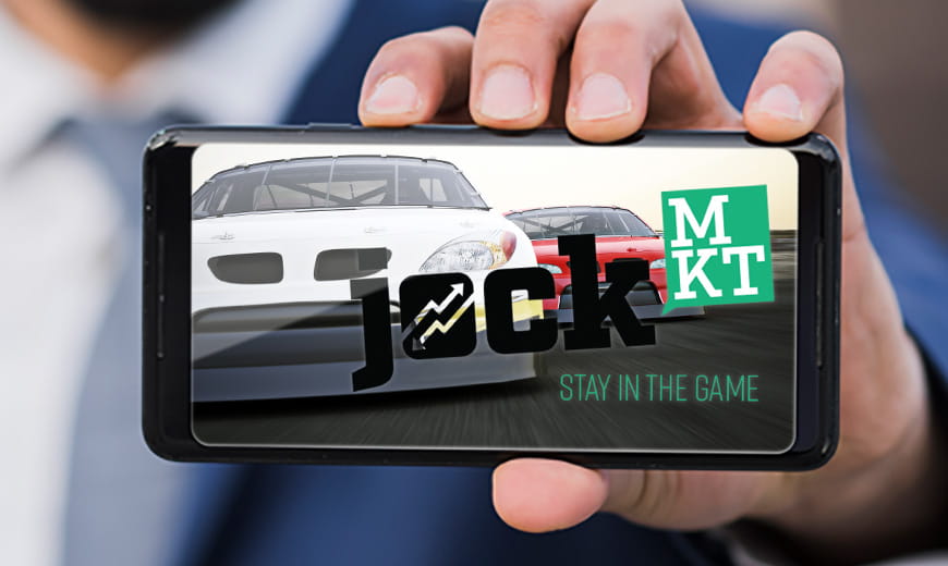 Phone with Jock MKT logo and NASCARS on screen