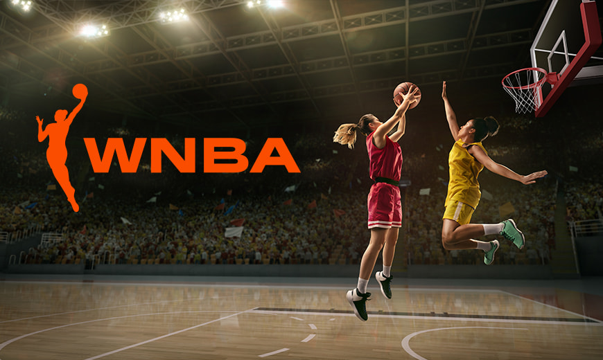 WNBA logo and two female basketball players on court